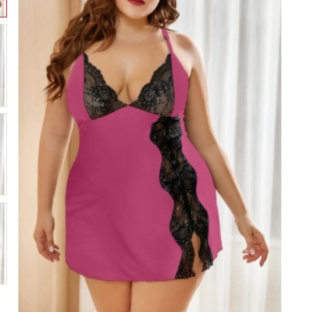 Pink and black Rose Lace Stitching Babydoll nighty lingerie - Picture 3 of 4